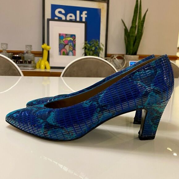 RARE 1980’s Disco Style Stuart Weitzman Teal Blue Snakeskin Embossed Heels - Picture 5 of 10